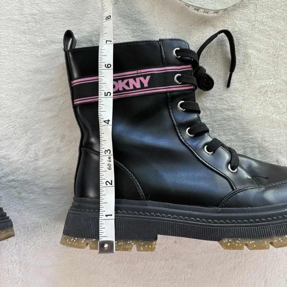 DKNY Crissa Girls Youth 3‎ Black Combat Boots Side Zip Lace Up Glitter Sole